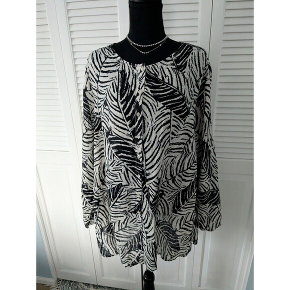 Cynthia Rowley Linen Tunic Top Womens 2X Tropical Botanical Print Black Cream - Picture 1 of 11